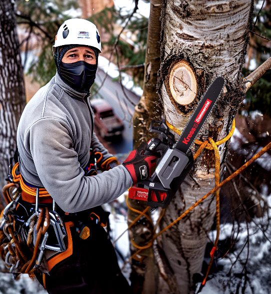 An arborist wearing a helmet and climbing harness uses a Kress Commercial chainsaw to work on a tree trunk