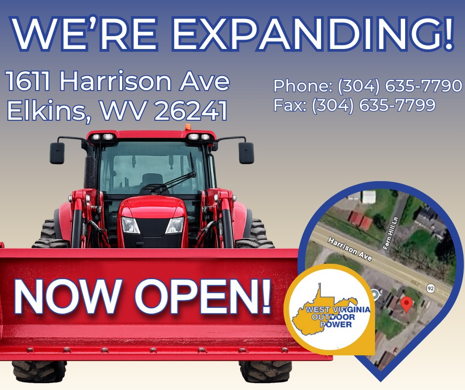 An announcement flyer for West Virginia Outdoor Power's expansion to a new location at 1611 Harrison Ave, Elkins, WV 26241. The text 